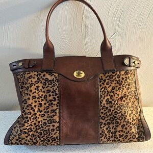 Fossil limited edition Leopard Print and Brown Leather Tote Bag